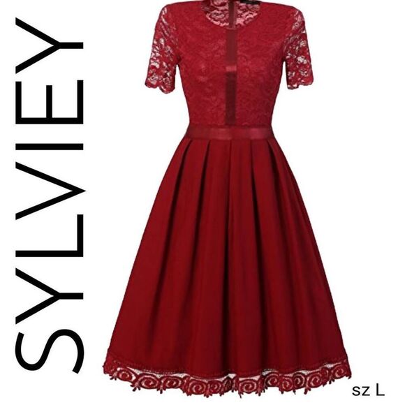 Red Lace Wedding Homecoming Casual Evening Cocktail Party Dress Designer - Picture 3 of 16